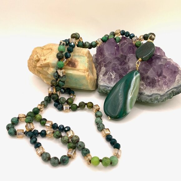 Beautiful Green Stone Agate Champagne Crystal Beads Long Necklace J844 - Picture 3 of 5